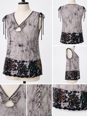 Jayli Gray Tie-Dye Sleeveless Top with Cutout Detail and Grateful Dead bears.